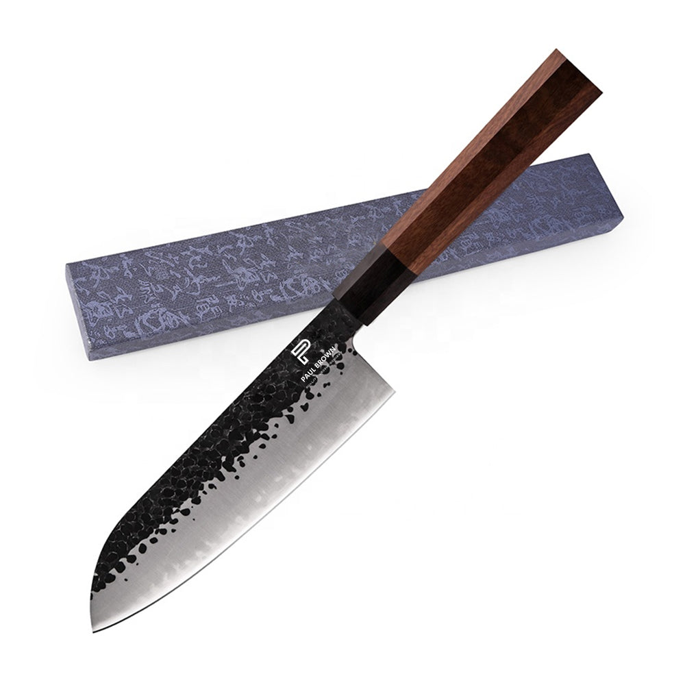 5-Inch Stainless Steel Handmade Santoku Knife with Ebony Wood Handle – Suikō