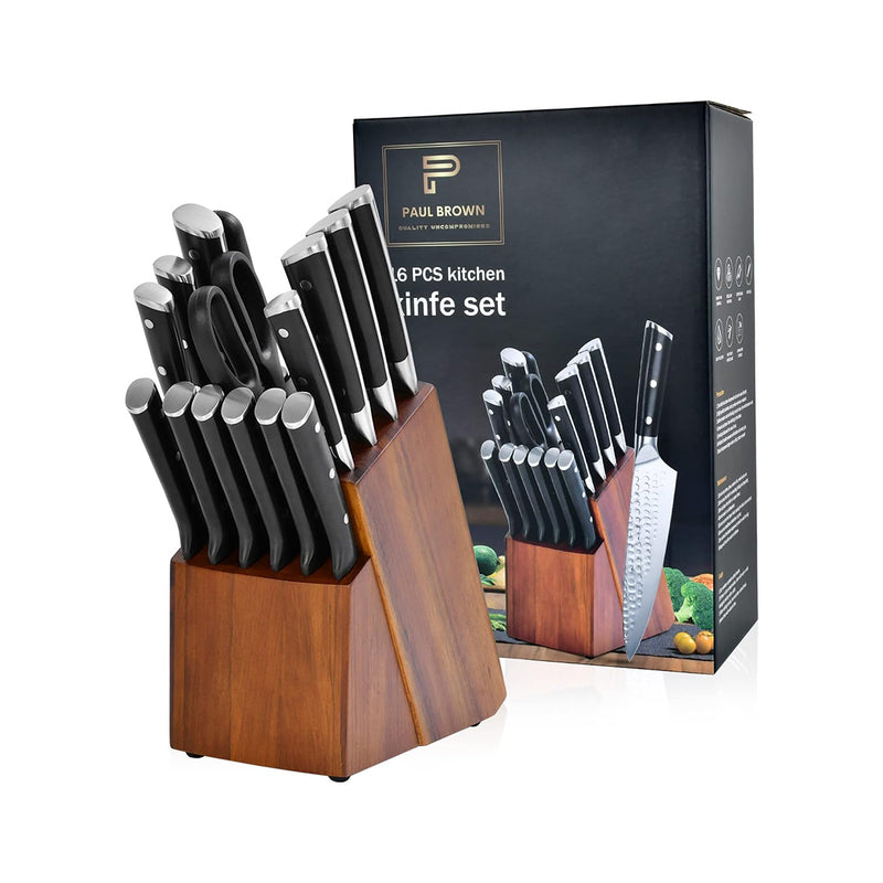 PAUL BROWN® 16-Piece German steel 1.4116 Kitchen Knife set with Wooden Block, Ultra Sharp Stainless Steel Steak Knives and Scissor with Ergonomic Handle