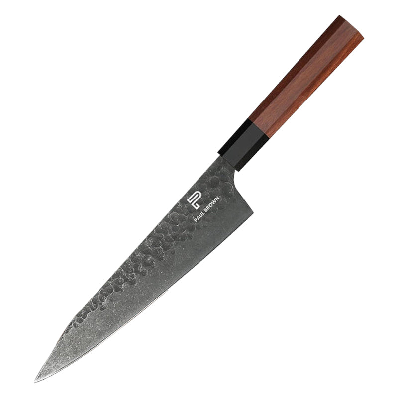 Paul Brown's™ 8 inch 440C High Carbon Stainless Kiritsuke Knife Forged Hammer Pattern with Mahogany Wood Handle and Ashwood Saya