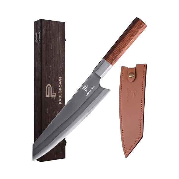 Paul Brown's™ 8 inch Kiritsuke Chef Knife 440c Damascus 7 layers damascus Japanese Chef Knife with Yellow Sandal Solid Wood Handle with Pine wood Gift Box and Leather Sheath