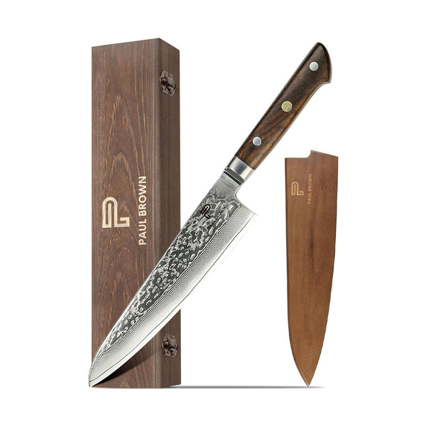 Paul Brown's™ 8 inch Chef Knife 67 Layers Damascus VG10 Steel with Forged Hammer Pattern with Premium Wooden Handle and Ashwood Saya