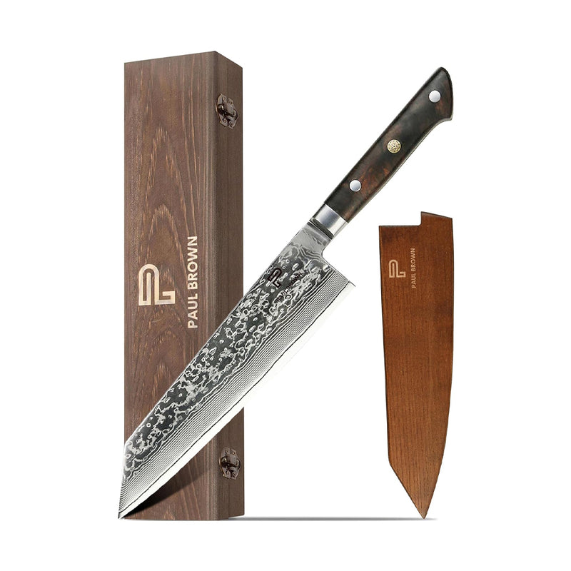 Paul Brown's™ 8 inch Kiritsuke Knife 67 Layers Damascus VG10 Steel with Forged Hammer Pattern with Premium Wooden Handle and Ashwood Saya