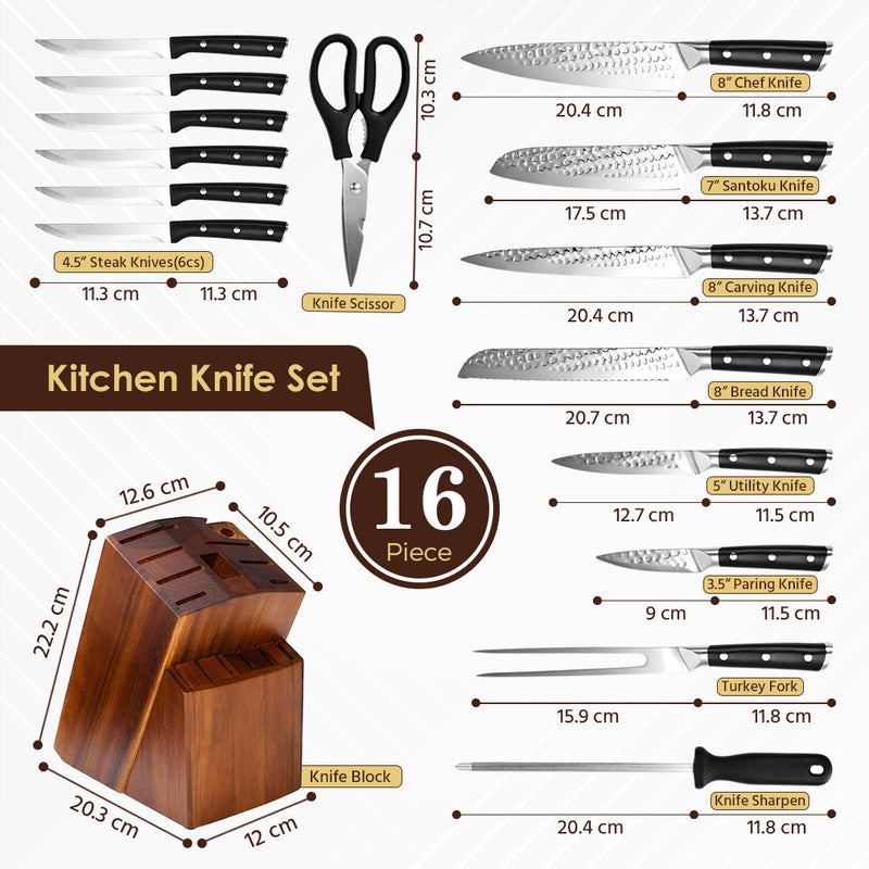 PAUL BROWN® 16-Piece German steel 1.4116 Kitchen Knife set with Wooden Block, Ultra Sharp Stainless Steel Steak Knives and Scissor with Ergonomic Handle