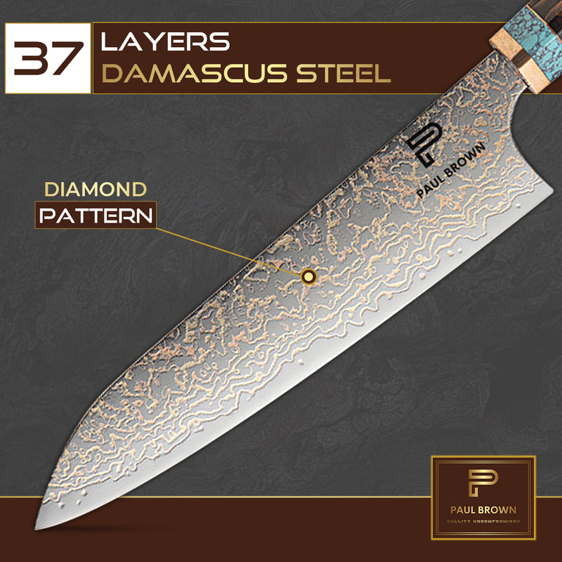 8 Inches Chef Knife 37 Layer Diamond Damascus Steel, Turquoise & Copper Mesh Resin Handle