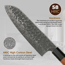 Paul Brown's™ 7 inch 440C High Carbon Stainless Santoku Knife Forged Hammer Pattern with Mahogany Wood Handle and Ashwood Saya