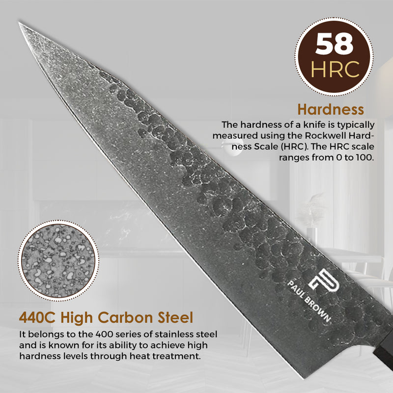 Paul Brown's™ 8 inch 440C High Carbon Stainless Kiritsuke Knife Forged Hammer Pattern with Mahogany Wood Handle and Ashwood Saya