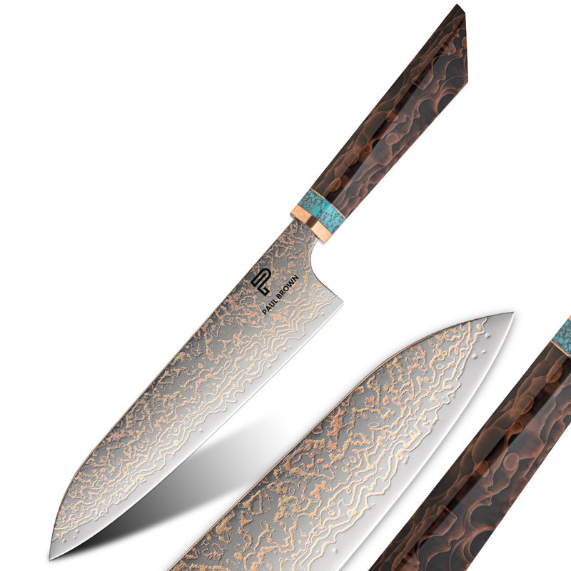 8 Inches Chef Knife 37 Layer Diamond Damascus Steel, Turquoise & Copper Mesh Resin Handle