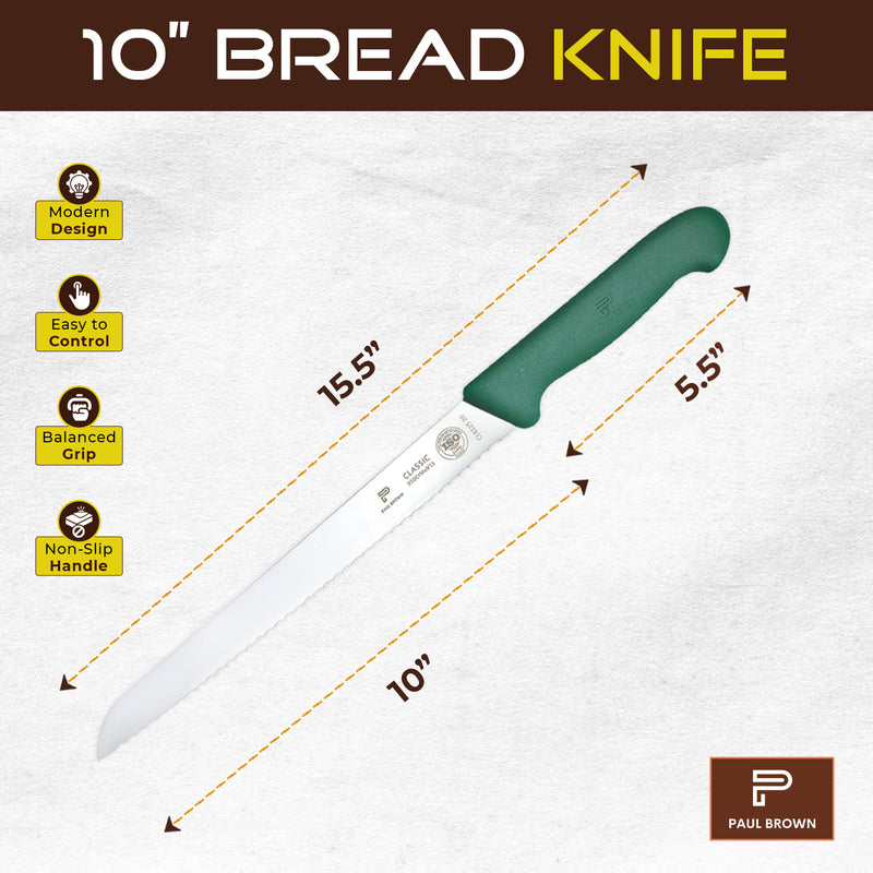 PAUL BROWN Classic 10 Inch X50CrMov15 Bread Knife with Soft Touch Green Handle