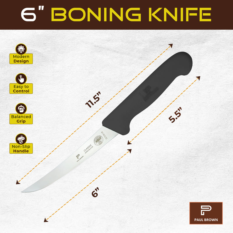 PAUL BROWN Classic 6 Inch X50CrMov15 Boning Knife with Soft Touch Black Handle