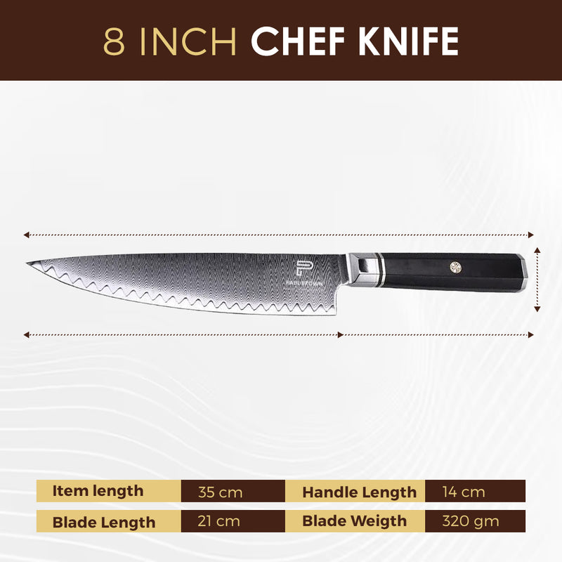 PAUL BROWN® Chef Knife length 8 Inch Knight Series Made of Ladder Pattern 67 Layers Damascus Steel with VG10 Core Ergonomic Wooden Octagon Handle PB0032-0048