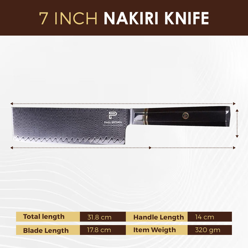 PAUL BROWN® Chef Knife Premium Hammered Japanese high carbon Steel with Wooden Handle with Ultra Sharp corrosion-resistant Edge (Knight, 7" Nakiri)