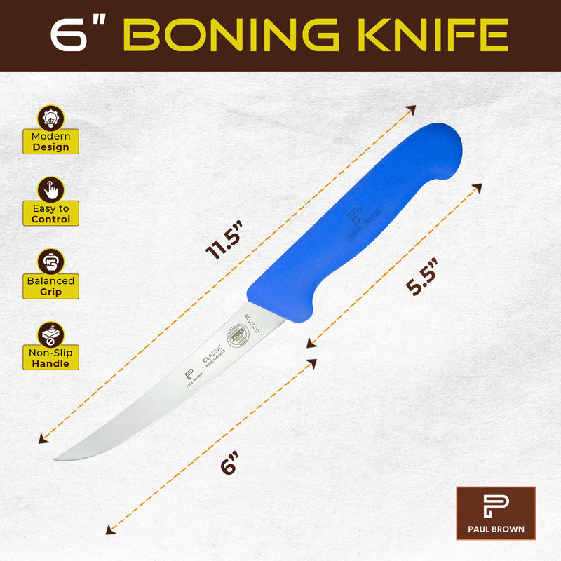 PAUL BROWN Classic 6 Inch X50CrMov15 Boning Knife with Soft Touch Blue Handle