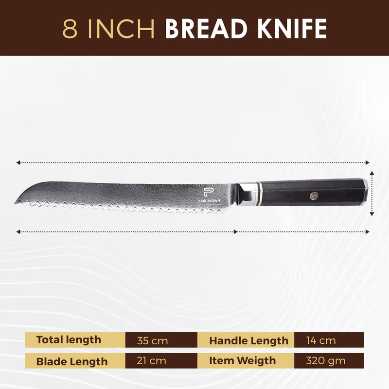 PAUL BROWN® Serrated Bread Knife length 8 Inch Knight Series 67 Layers Damascus Steel with Ergonomic Wooden Handle (Knight)