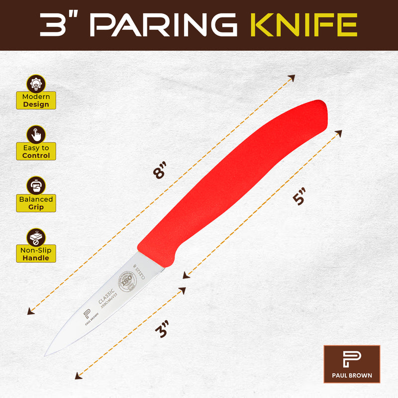 PAUL BROWN Classic 3 Inch X50CrMov15 Paring Knife with Soft Touch Red Handle