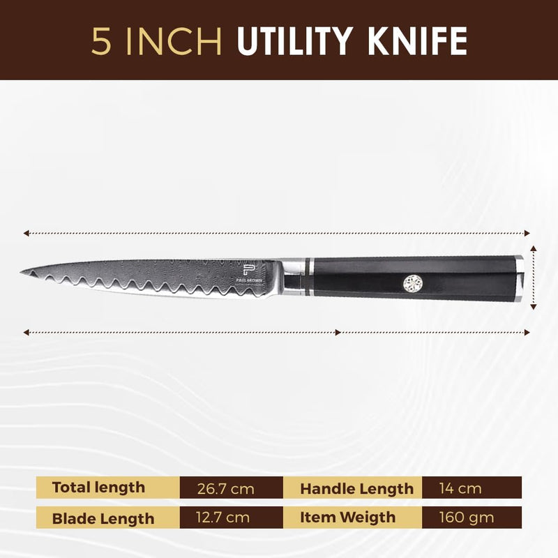 PAUL BROWN Chef Knife Premium Hammered Japanese high carbon Steel with Wooden Handle with Ultra Sharp corrosion-resistant Edge (Knight, 5")