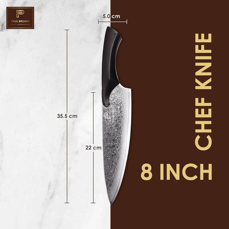 PAUL BROWN Chef Knife length 8 Inch Cheetah Series Made of 67 Layers Damascus Steel with VG10 Core Ergonomic Ebony Wood Handle