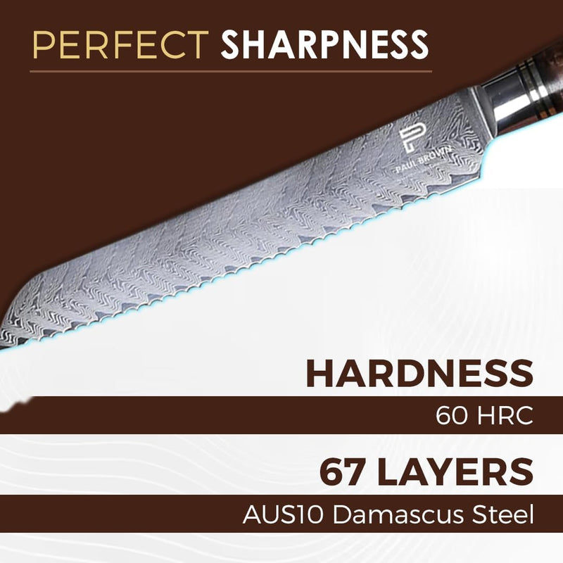 PAUL BROWN Serrated Bread Knife length 8 Inch 67 Layers Damascus Steel withe Ergonomic Wooden Handle (Premium)