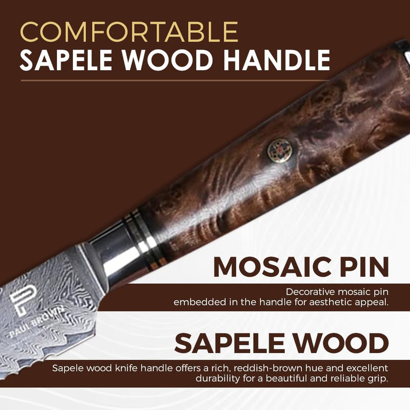 PAUL BROWN Serrated Bread Knife length 8 Inch 67 Layers Damascus Steel withe Ergonomic Wooden Handle (Premium)