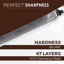 PAUL BROWN® Serrated Bread Knife length 8 Inch Knight Series 67 Layers Damascus Steel withe Ergonomic Wooden Handle (Knight)