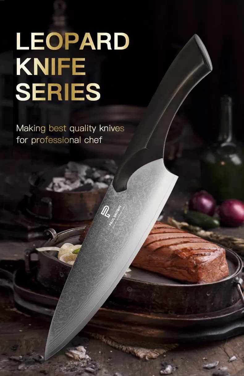 PAUL BROWN Chef Knife length 8 Inch Cheetah Series Made of 67 Layers Damascus Steel with VG10 Core Ergonomic Ebony Wood Handle
