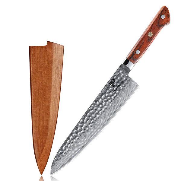 8 inch Chef Knife 67 Layers Damascus VG10 Steel with Forged Hammer Pattern with Premium Wooden Handle and Ashwood Saya