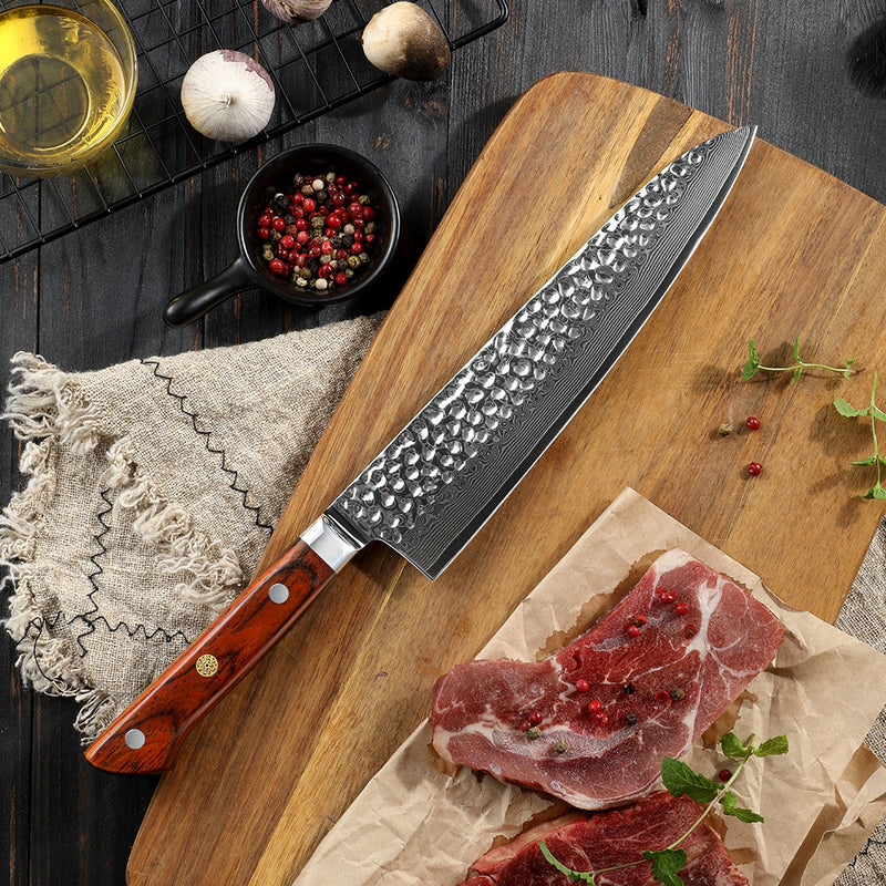 8 inch Chef Knife 67 Layers Damascus VG10 Steel with Forged Hammer Pattern with Premium Wooden Handle and Ashwood Saya