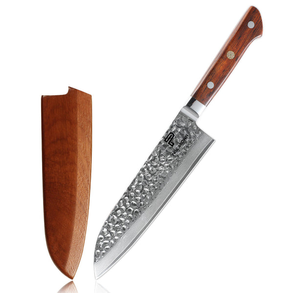 7 inch Santoku Knife 67 Layers Damascus VG10 Steel with Forged Hammer Pattern with Premium Wooden Handle and Ashwood Saya