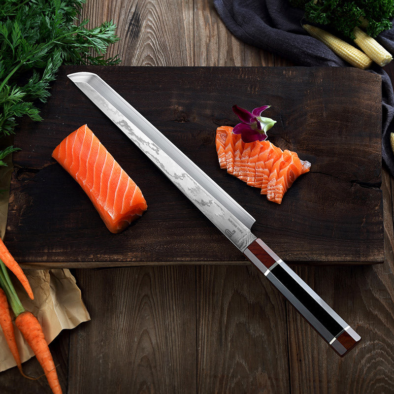 PAUL BROWN® Chef Knife Premium Hammered Japanese high carbon Steel with Wooden Handle with Ultra Sharp corrosion-resistant Edge (Traditional Sushi, 11")