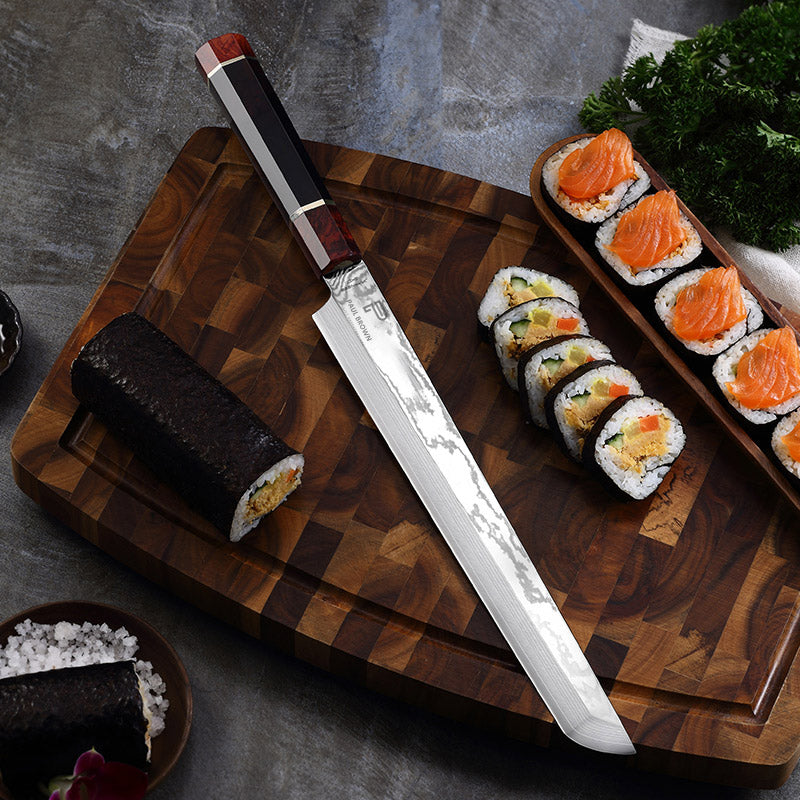 PAUL BROWN® Chef Knife Premium Hammered Japanese high carbon Steel with Wooden Handle with Ultra Sharp corrosion-resistant Edge (Traditional Sushi, 11")