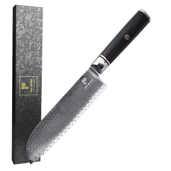 PAUL BROWN® Santoku Knife length 7 Inch Knight Series Made of Ladder Pattern 67 Layers Damascus Steel with VG10 Core Ergonomic Wooden Octagon Handle PB0032-0046